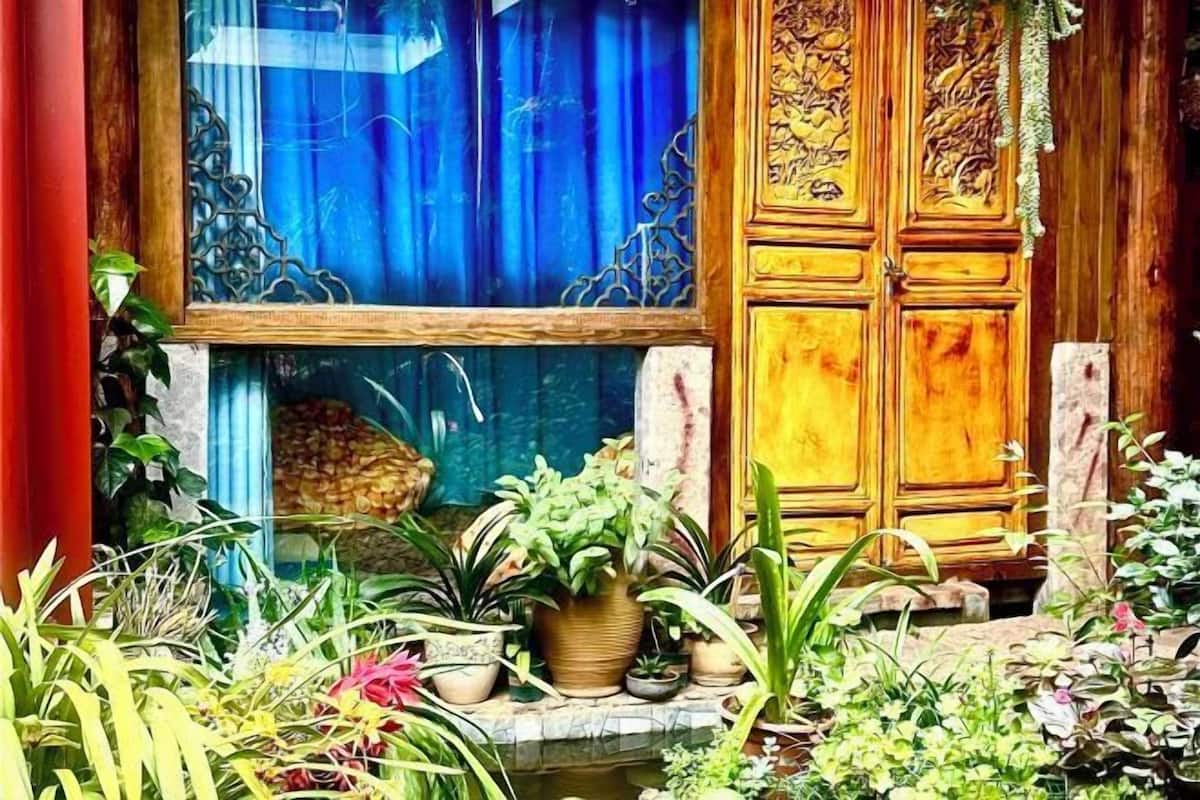 Een raam met blauwe gordijnen, een houten kast en diverse planten in potten.