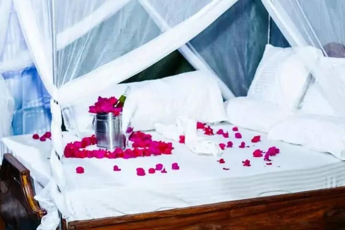 A bed with a canopy, white bedding, and scattered rose petals.