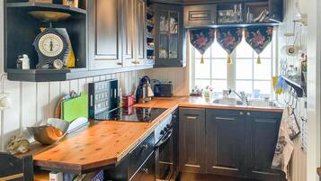 Kjøleskap, ovn, kokeplater og kaffetrakter/tekoker