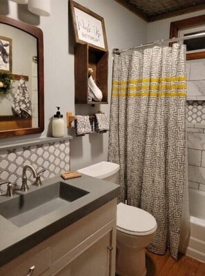 Hair dryer, towels, soap, shampoo