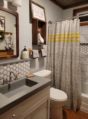 Hair dryer, towels, soap, shampoo