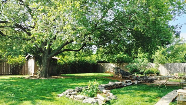 A backyard with a large tree, a stone wall, and a wooden deck. - Comanche, Cameron,  Good Year, Fort-Sill, Medicine Park, Lawton, Oklahoma. 
 (Lawton)