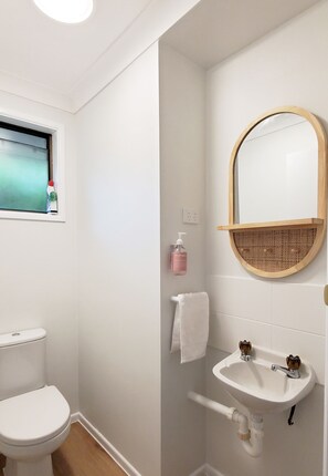 A bathroom with a toilet, sink, and mirror.