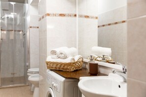 Shower, hair dryer, bidet, towels