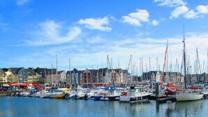 A marina with numerous boats docked, a waterfront promenade, and buildings along the shore.