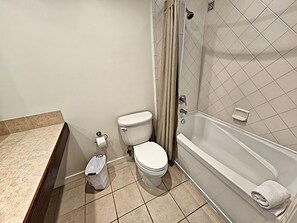 A bathroom with a toilet, a shower, and a bathtub.