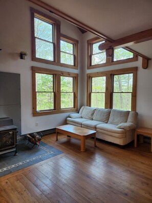A living room with a sofa, a coffee table, and a fireplace. There are large windows with a view of trees.