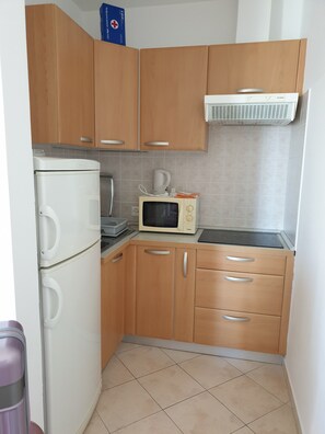 Fridge, microwave, stovetop, cookware/dishes/utensils