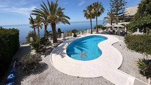 A pool with a unique shape, surrounded by palm trees and a view of the sea. - Luxury villa, breathtaking views and heated pool (Salobreña)