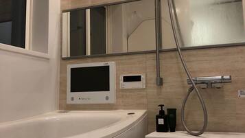 Hair dryer, bidet, towels, soap