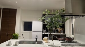 Una cuina moderna amb taulell blanc, electrodomèstics d'acer inoxidable i una planta en test.