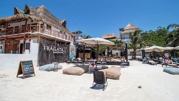 On the beach, white sand, beach bar