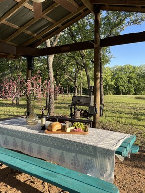 Outdoor dining - Beautiful Private Country Home on 23 acres. Sleeps 9. Pond, dock, hiking trails. (Flatonia)