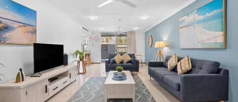 Flat-screen TV, books