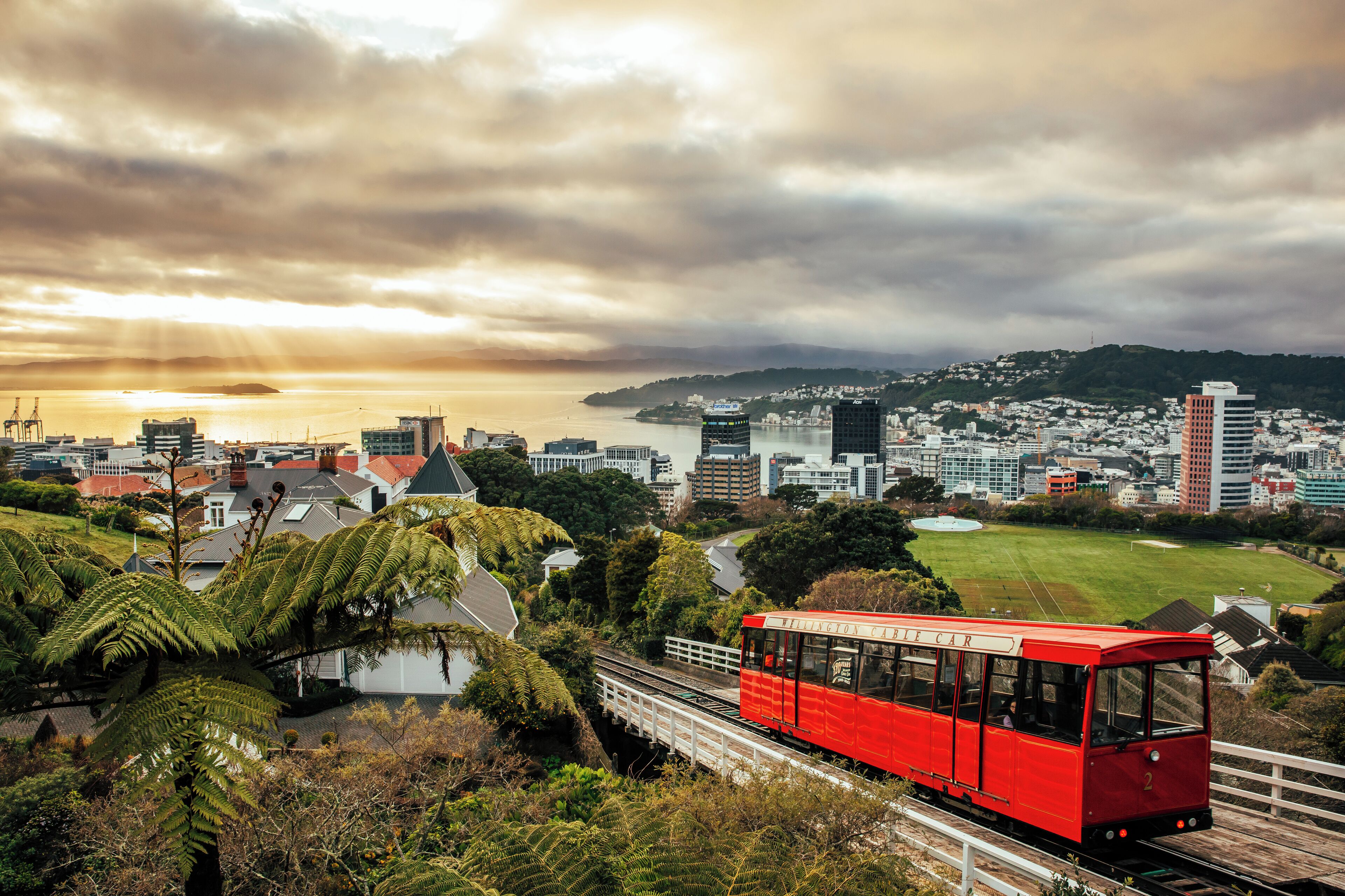 A red cable car on tracks, surrounded by greenery and buildings, with a cityscape in the background.