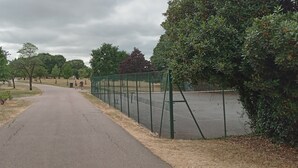 Un chemin menant à un court de tennis entouré de clôtures, bordé d’arbres et d’arbustes.