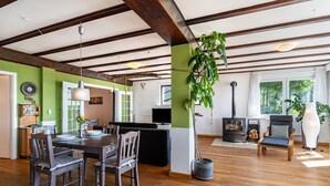 A spacious room with a wooden dining table, chairs, a television, a fireplace, and a large plant. - Apartment 'Augensteins Burgzimmer' with Private Terrace and Wi-Fi (Seelbach)