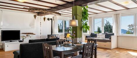 Télévision, cheminée, lecteur de DVD, chaîne hi-fi