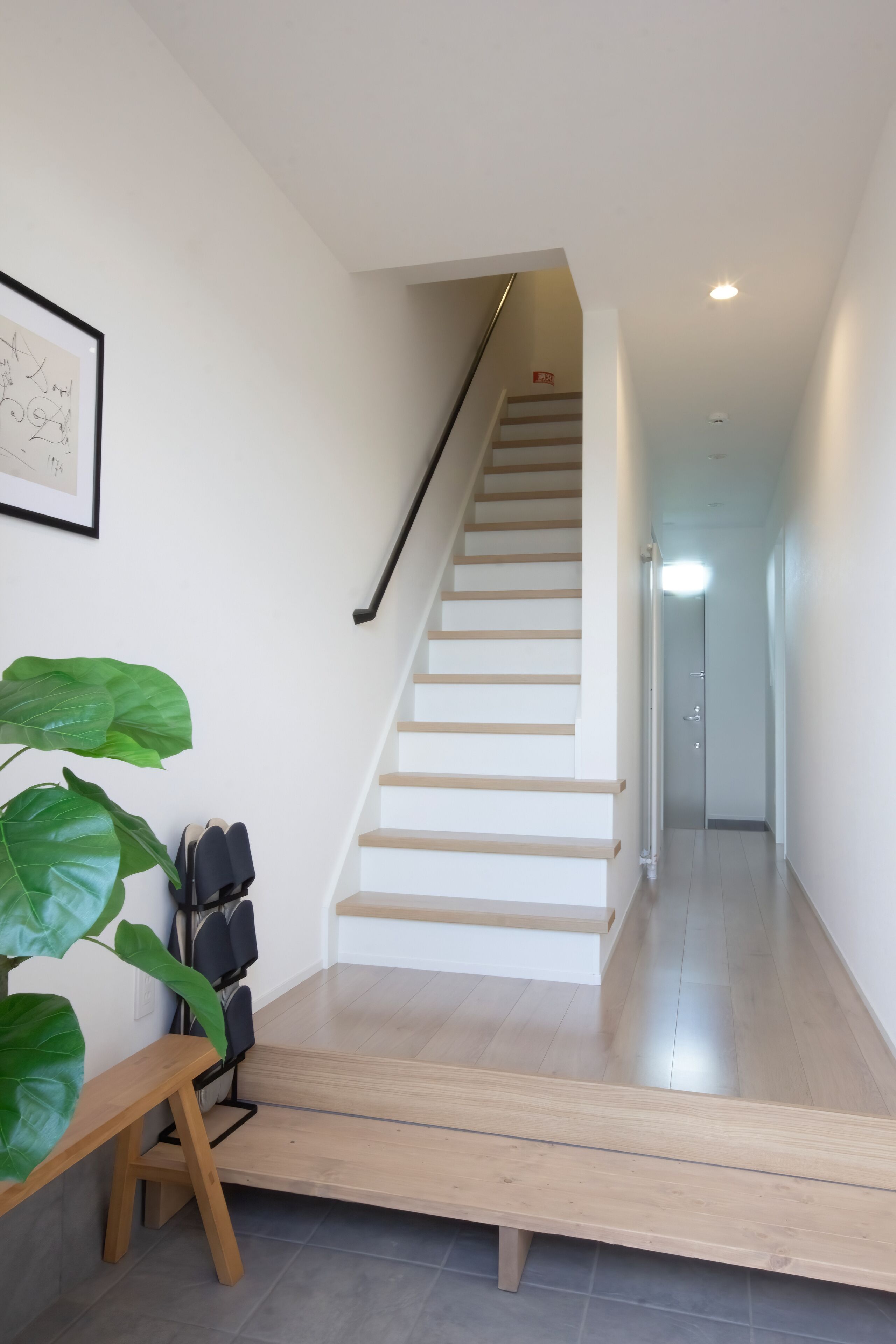 Una escalera que lleva al segundo piso, un banco de madera, una planta verde grande y un cuadro en la pared.
