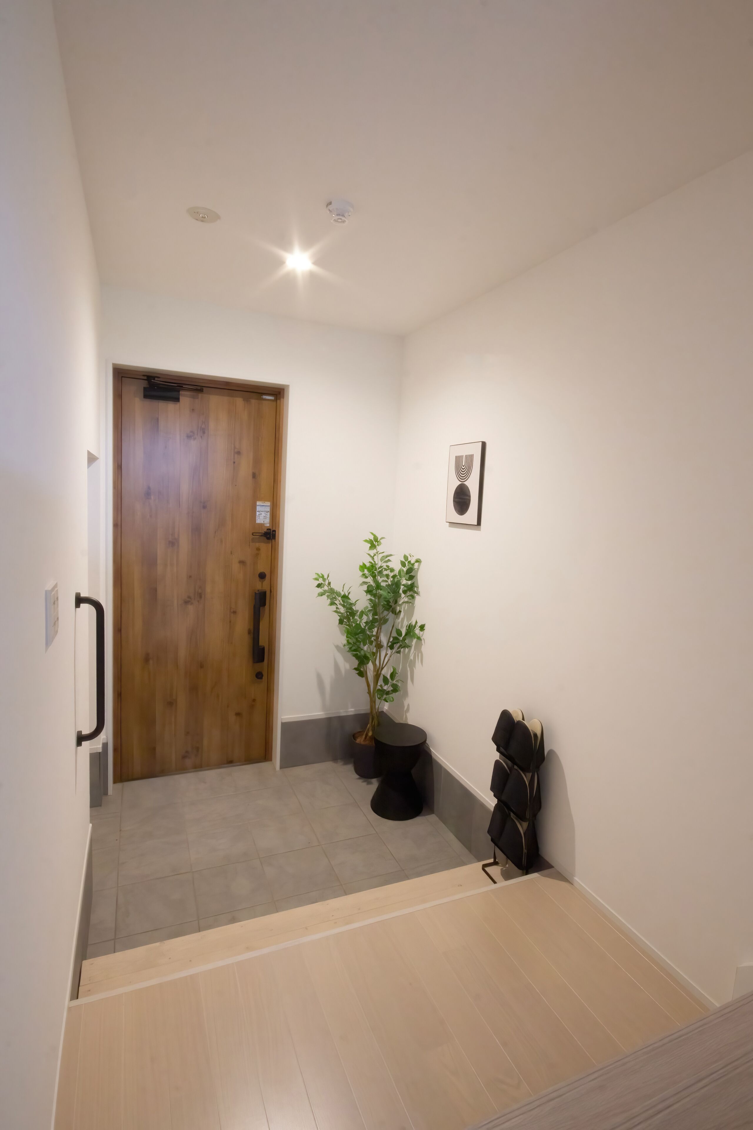 Un couloir avec une porte en bois, une plante en pot et un tableau accroché au mur.