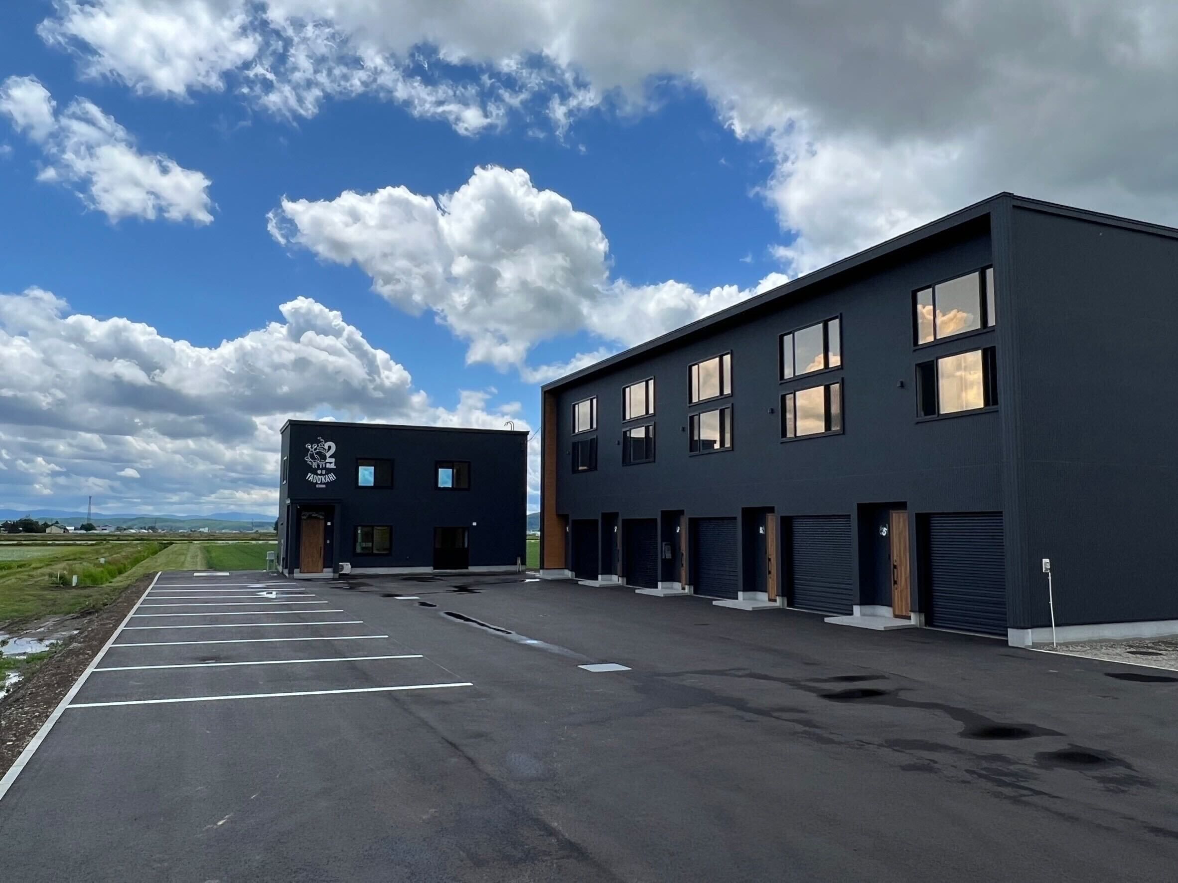 A modern building with a parking lot and a clear sky.