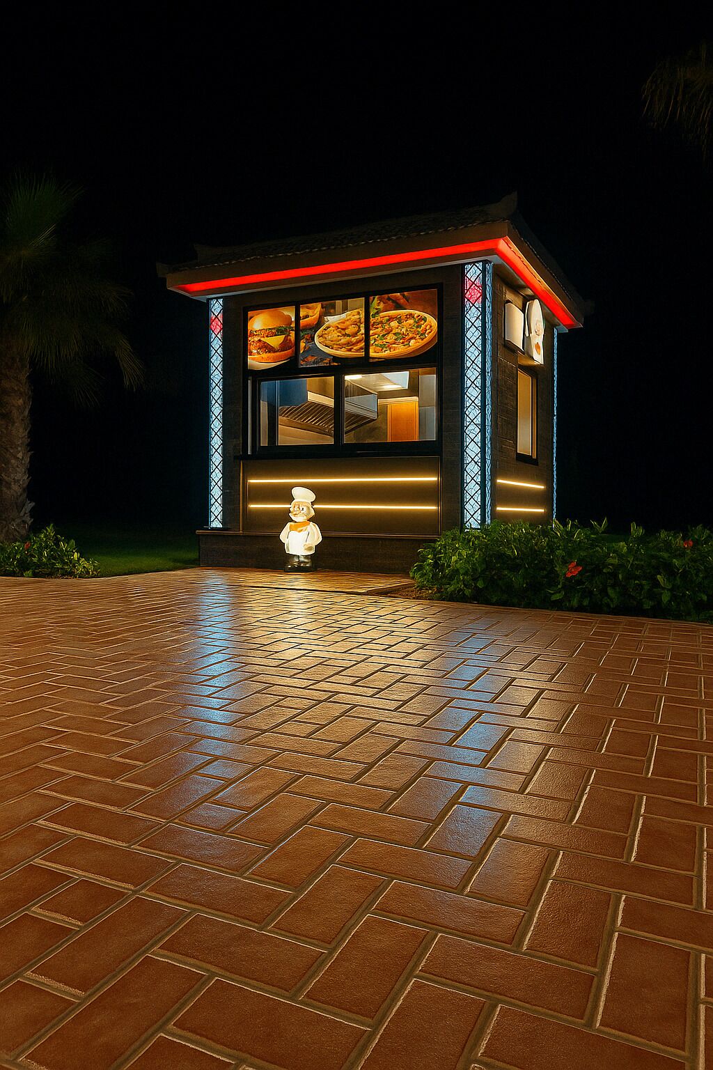 A building with a brick pathway leading to a well-lit entrance.