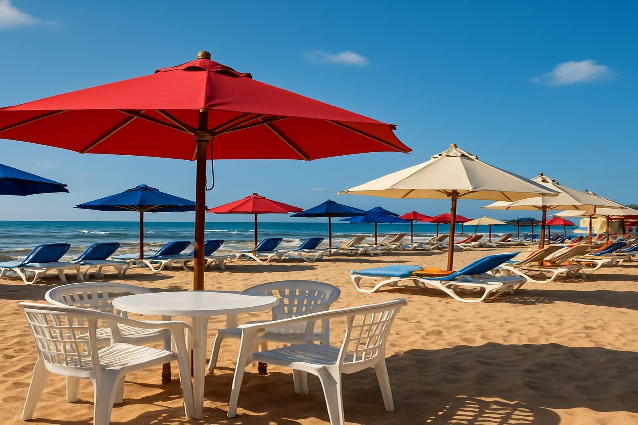 A beach with rows of sun loungers and umbrellas, a table with chairs, and the ocean in the background.