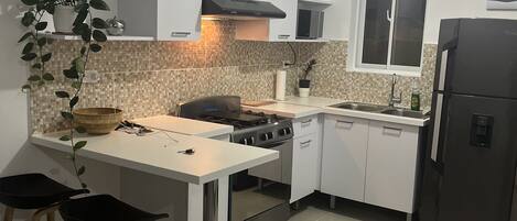 Fridge, microwave, oven, stovetop