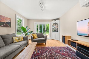 Smart TV, fireplace, books