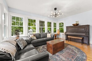 Smart TV, fireplace, books