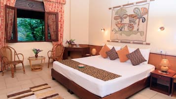 Premium bedding, memory foam beds, desk, laptop workspace