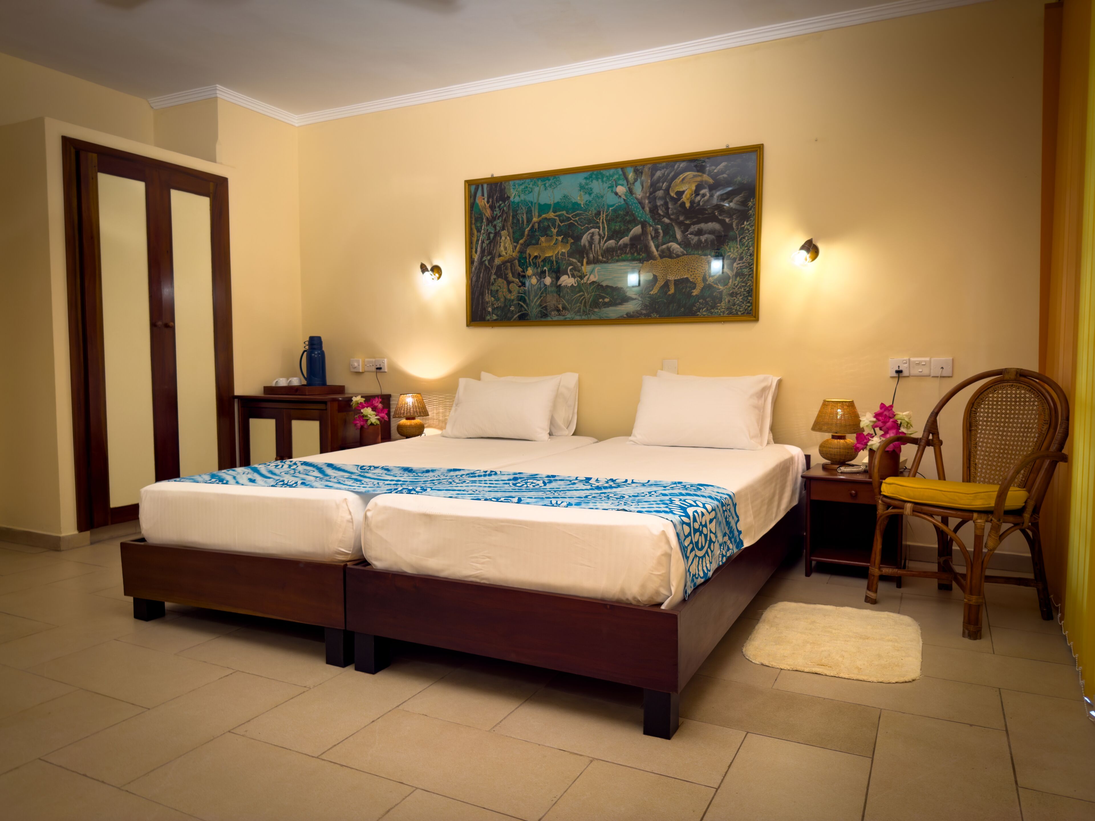 Premium bedding, memory foam beds, desk, laptop workspace