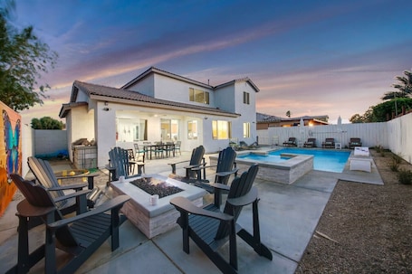 Outdoor pool, a heated pool. Summer Deals! Great Backyard-Mural-G’room
