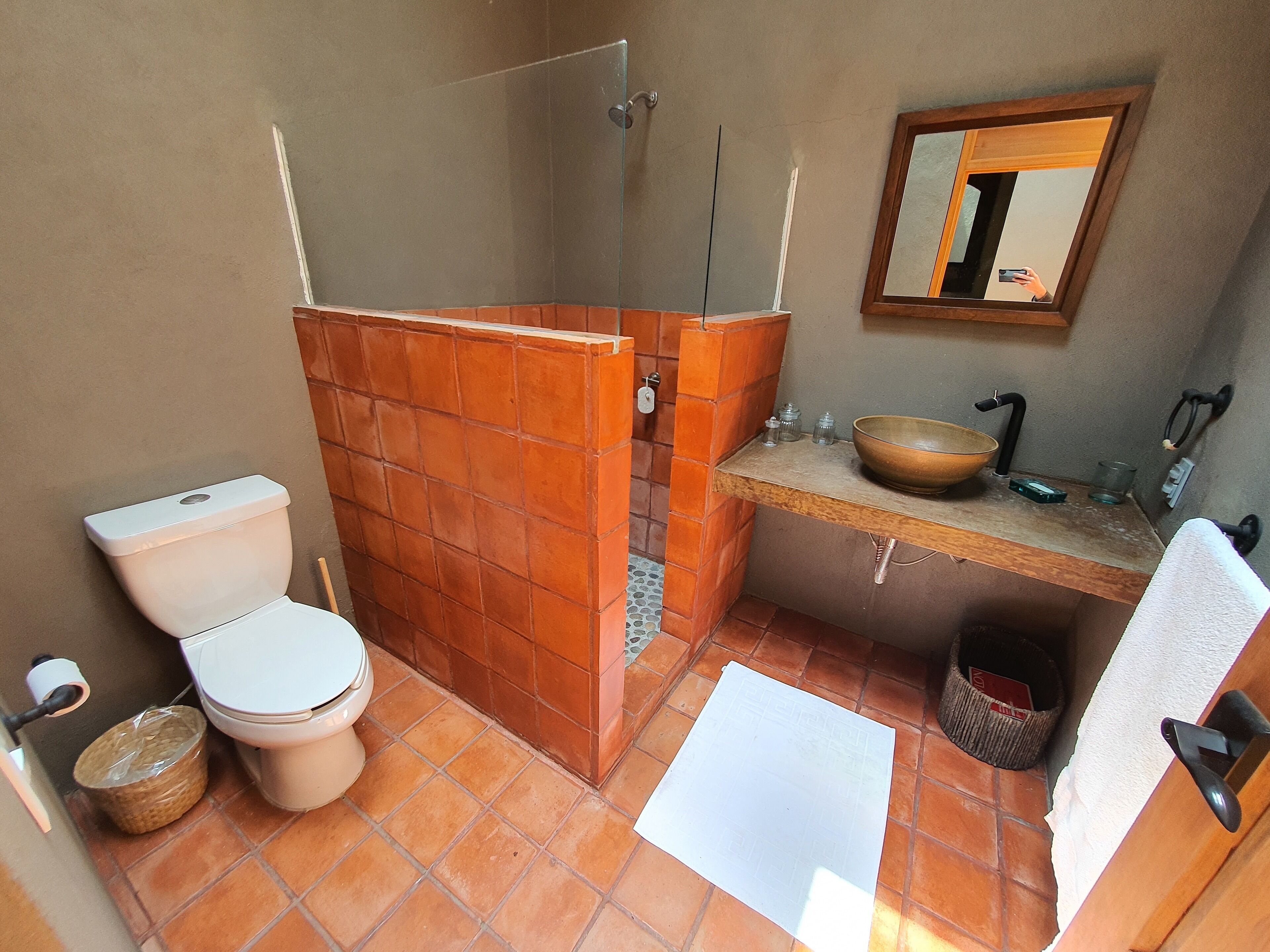 A bathroom with a toilet, a shower, a sink, and a mirror.