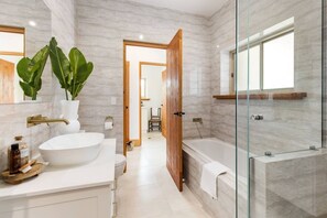 Hair dryer, towels, soap, shampoo