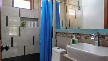 Rainfall showerhead, bidet, towels, soap