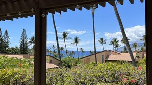 A view of a resort with multiple buildings, palm trees, and a clear blue sky. - Ekahi 27A: Priceless Ocean View from a Private Lanai (Kihei)