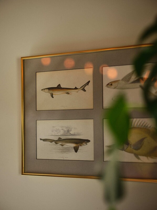 Una ilustración enmarcada de peces en una pared.
