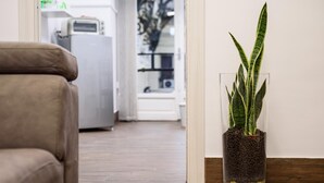 A living room with a beige sofa, a glass terracotta pot with a plant, and a kitchen area in the background. - Piazza Nicola Amore 14 (Naples)