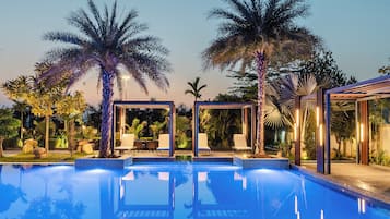 Outdoor pool, open 9:00 AM to 8:00 PM, free cabanas