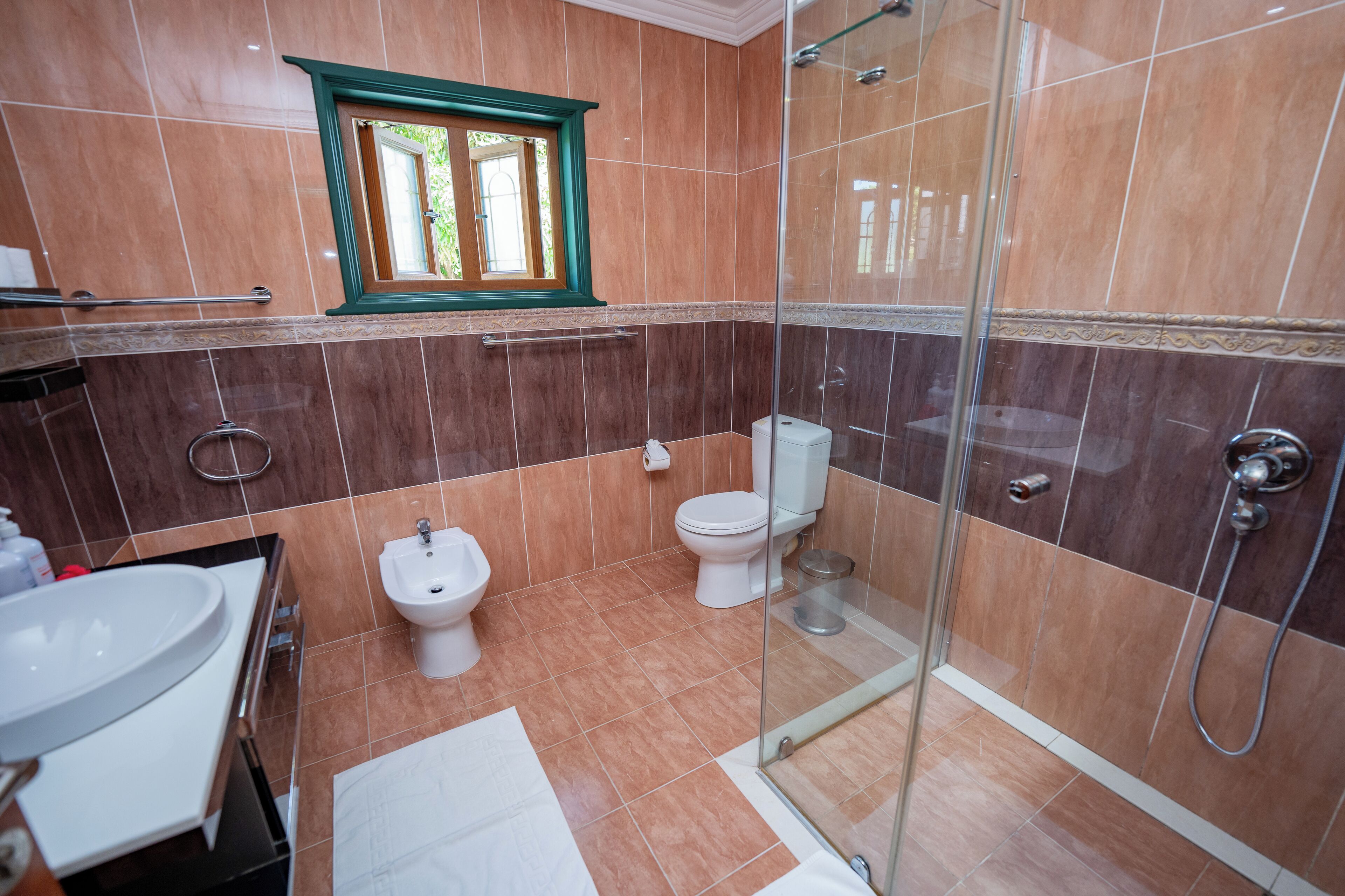 Un baño con ducha envuelta en vidrio, un bidé, un inodoro y un lavamanos.