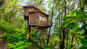 Una casa del árbol de madera con balcón y escalera, rodeada de un bosque denso.