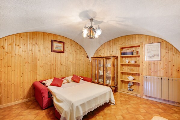 Una habitación con paredes de madera, una cama con almohadas rojas, un armario con puertas de cristal y un radiador.