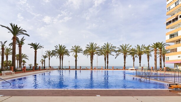 A swimming pool with palm trees, a bench, and a building in the background. - Studio Apartment "Fetén Algarrobo Costa" with Sea View, Private Pool & Wi-Fi (Algarrobo Costa)