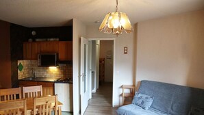 En kompakt bolig med tekøkken, spiseplads og sofa.