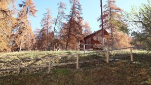 A wooden cabin with a balcony, surrounded by trees with autumn foliage. - Studio N° 213 LES Flocons (LES ORRES 1650)