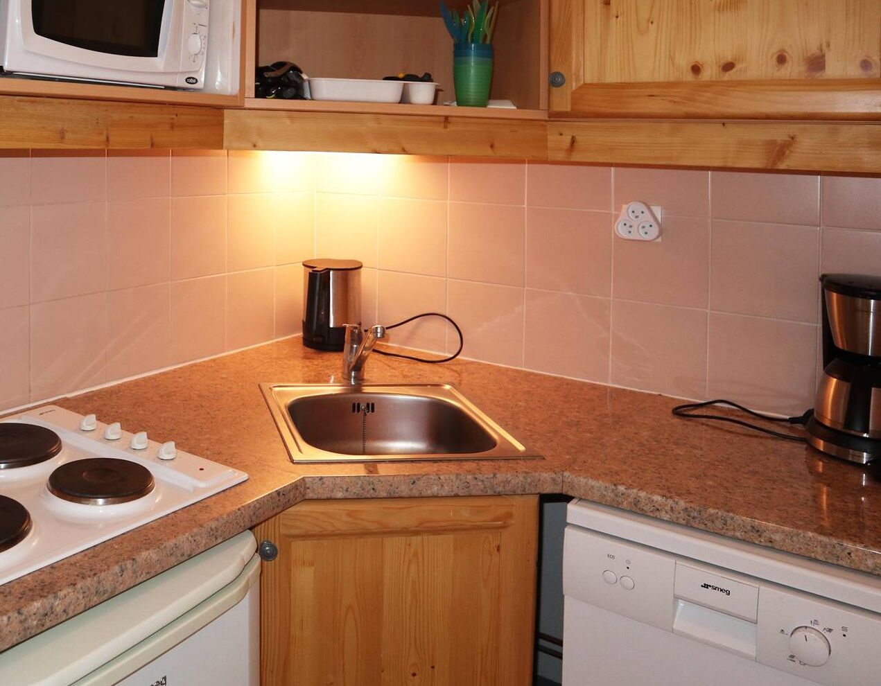 Fridge, dishwasher, cookware/dishes/utensils