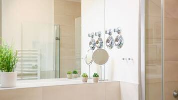 Hair dryer, towels, soap, shampoo