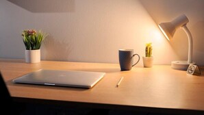 A wooden desk with a laptop, a pen, a mug, a small potted plant, and a desk lamp. - Noble Suite mit perfektem Wohn- und Arbeitskomfort (Gießen)