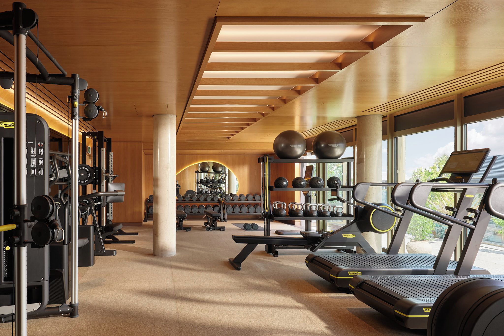 A gym with various exercise equipment, including treadmills, weight machines, and free weights.